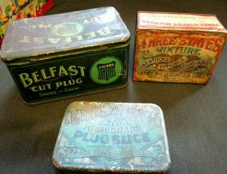 3 Antique Tobacco Tins,  3 States Mixture,  Belfast And Edgeworth Plug