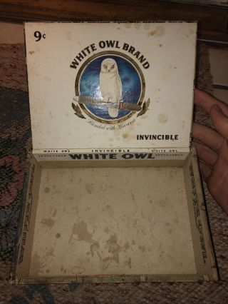 Vintage WHITE OWL Invincible 9 Cent Cigar Box,  invincible wood w/ paper labels 2