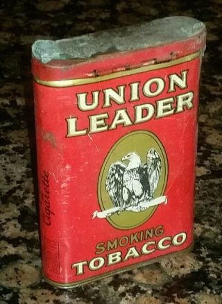 Vintage Union Leader Smoking Tobacco Pocket Tin Antique Cigarette Pipe Metal Can