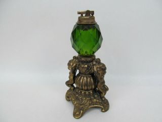 Vintage Green Glass Table Lighter And Brass Tone Base Cornell 1165