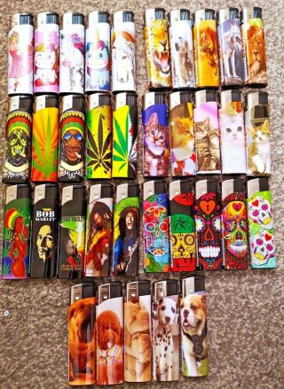 5 Pack Electronic Refillable Lighters Multi Pack Assorted Designs & Rizla Set