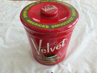 Vintage Velvet Pipe & Cigarette Tobacco Tin Round Can & Lid With Knob 14 Oz.