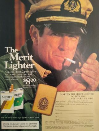 1985 Merit Cigarettes Zippo Lighter Print Ad