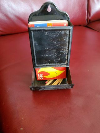 Antique Vintage Old Black Tin Metal Match Box Stick Holder Safe Kitchen Decor