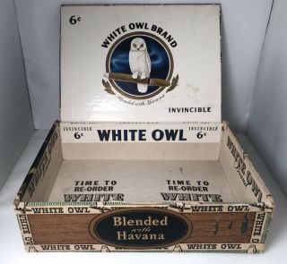 Vintage WHITE OWL Invincible 6 Cent Cigar Box,  PA Retail,  wood w/ paper labels 2