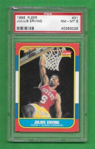 1986 Fleer 31 Julius Erving Psa Nm - Mt 8 Philadelphia 76ers Basketball Card