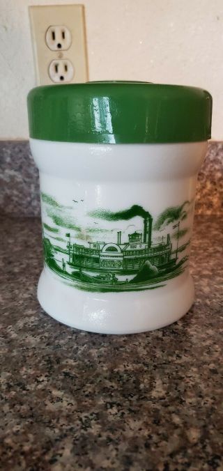 Vintage Milk Glass Pipe & Tobacco Jar/humidor Green Steamboat Design