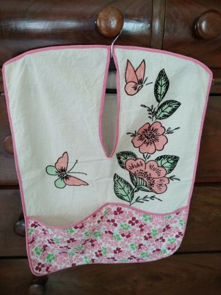 Vtg Hand Made Feed Sack Clothespin Bag Holder Pink Green Embroidery Flowers Ec