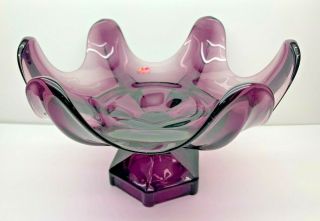 Vintage Viking Glass 6 Petal Purple Amethyst Pedestal Stretch Glass Bowl - Sticker
