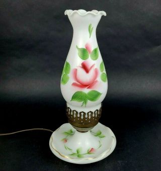 Vintage Milk Glass Hurricane Lamp Hand Painted Pink Roses On Base And Globe