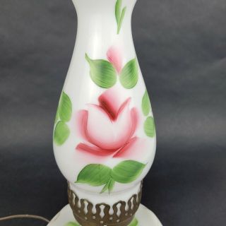 Vintage Milk Glass Hurricane Lamp Hand Painted Pink Roses on Base and Globe 3