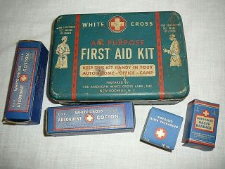 Vintage White Cross Emergency First Aid Kit Tin & Cotton & Gauze Bandages 1940 