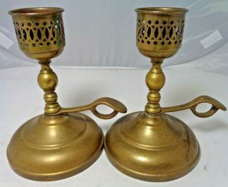 Vintage Brass Chamber Stick Candle Holders With Finger Ring & Thumb Rest