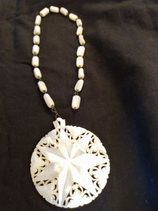 Vintage Mother Pearl Shell Carved Pendant Necklace & Beads Bethlehem Star