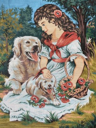 Vintage Margot Notre Amie Needlepoint Canvas Girl Dogs Picnic 2402 Large 31 X 25