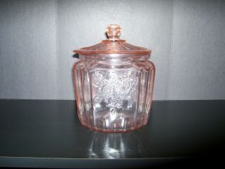 Vintage 7 1/2 " Pink Depression Glass Cookie Jar With Floral Pattern W/lid