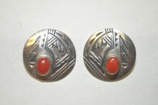 Vintage Navajo Sterling Silver Turquoise Coral Post Earrings Sign " E L "