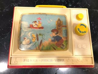 Vintage 1966 Fisher - Price Music Box Tv Screen Toy W/ 2 Tunes & 2 Picture Stories