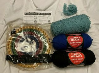 Vintage Knifty Knitter - Loom Set With Case & 3 Rolls Yarn - Black - Blue - Turquoise