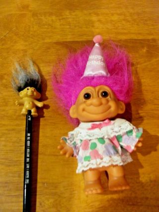 Vintage Russ Girl Happy Birthday 5 " Troll Doll With Hat & Troll Pencil Topper