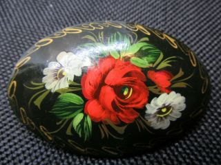 Vintage Black Laquer Hand Painted Brooch Pin Floral Flowers Oval Signed - Gl98