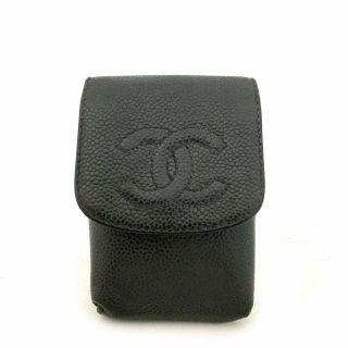 Authentic Chanel Cc Logo Black Caviar Skin Cigarette Tobacco Case /61510