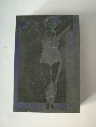 Vintage Printing Letterpress Printers Block Photo Woman In Bathing Suit