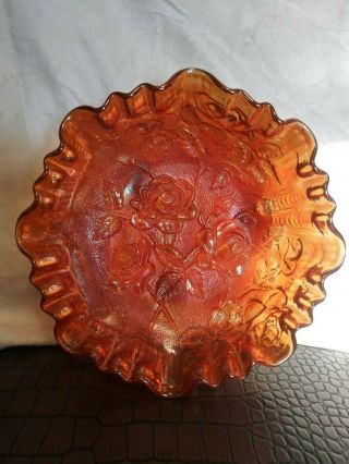 Vintage Imperial Marigold Carnival Glass Ruffled Candy Dish Bowl Open Roses Feet