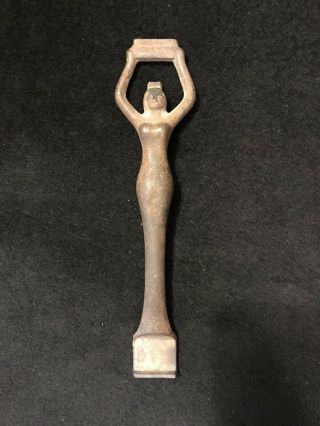 Vtg Cast Iron Nude Naked Woman Bottle Can Opener Art Deco Patina Man Cave Bar