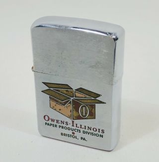 Vintage 1960 Owens Illinois Paper Products Bristol Pa Advertising Zippo Lighter
