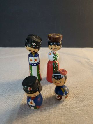 Vintage Kokeshi Bobblehead Wooden Dolls Made In Korea Group Of 4