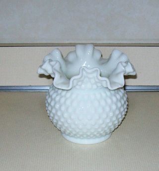 Vintage Pre - Logo Fenton Milk Glass Hobnail Ruffled Crimped Top Vase Rose Bowl