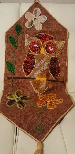 Vintage Completed Latch Hook Wall Hanging Hoot Owl Decor