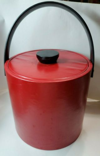 Vintage Ice Bucket W Handle Red Faux Leather Wood Knob Barware (b 120)