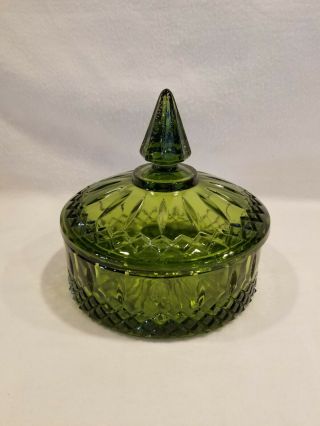 Vintage Depression Indiana Glass Avocado Green Candy Dish W/ Lid - 6 "