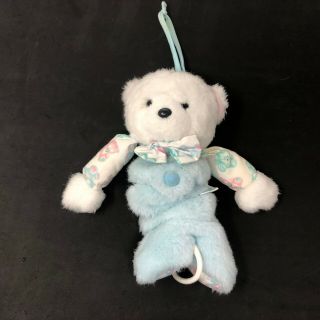 Carters Musical Pull Crib Toy White Blue Plush 9 " Stuffed Teddy Bear Bow Tie Vtg