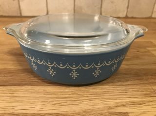Vintage Pyrex Snowflake Blue Garland 471 1 Pint Casserole Dish W/ Lid