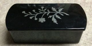 Antique Black Papier Mache Snuff Box Inlaid W/ Silver Thistles