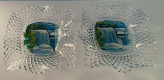 2 Vintage Hand Painted Niagara Falls Souvenir Glass Dishes - Diamond Pattern