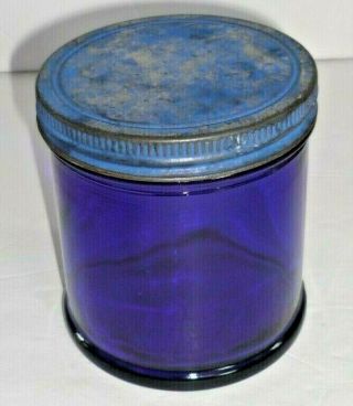 Antique Vintage Cobalt Blue Glass Tobacco Jar Humidor w/ Tin Cover,  M 4 2