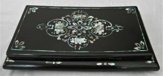 Vtg Japanese Black Lacquer Mother Of Pearl Inlay Cigarette Tobacco Match Ashtray