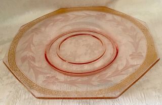 Vintage Depression Glass Pink Etched Platter,  Plate Serving Tray With Gold Trim