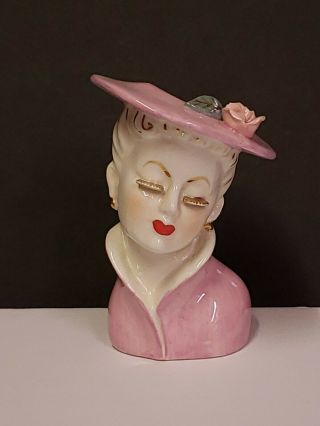 Vintage Lady Head Bust Face - Pink Hat & Dress W/gold Trim - Planter Vase