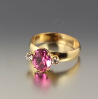 Vintage 60’s Gold Tone & Pink Crystal Glass Rhinestone Bead Adjustable Ring