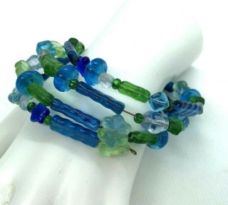 Vintage Blue Green Glass Bead Wire Wrap Bracelet Leaf Flowers 90s