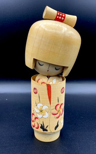 Japanese Kokeshi Doll Vtg Wooden Carving Girl Hand - Painted Blossom 8 " In.