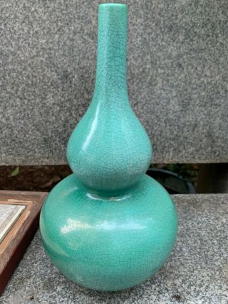 Chinese Antique Green Glazed Crackle Porcelain Ceramic Gourd Vases No Mark