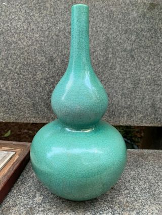 Chinese Antique Green Glazed Crackle Porcelain Ceramic Gourd Vases No Mark 2