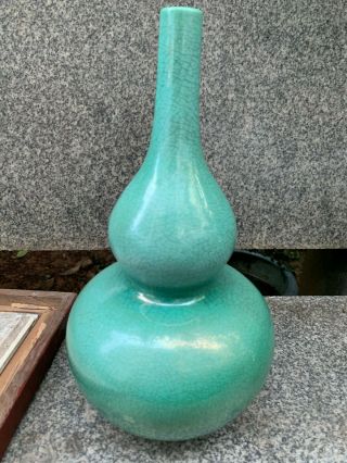 Chinese Antique Green Glazed Crackle Porcelain Ceramic Gourd Vases No Mark 3