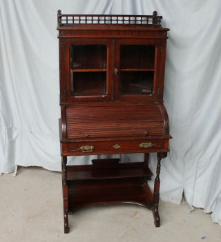 Antique Victorian Secretary Roll Top Desk With Bookcase – 30 Inches Wide